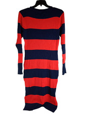 Crown & Ivy Womens Dress Blue/ Red Long Sleeve Round Neck Knit Sweater Dress L
