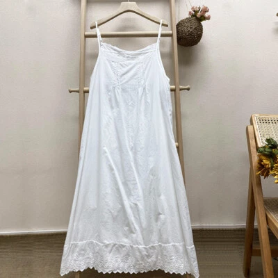 Damen Baumwolle Kleid Spitze Unterkleid Stickerei Blumen Midi Slip Cami Lose Neu - Bild 1 von 4