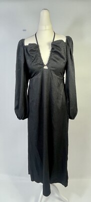 New Look Satin-Midikleid Volumenärmel V-Ausschnitt tief ausgeschnitten gepunktet schwarz UK Größe 14