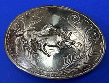 Vintage Cowboy Saddle Bronc Western Silver Tone Belt Buckle