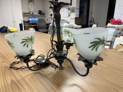 Vintage Art Deco Chandelier Ceiling Light Hand Painted Palm Tree Globes  20x22