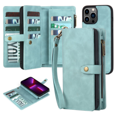 Detachable Zipper Leather Magnetic Card Stand Wallet Phone Case with Wristlet