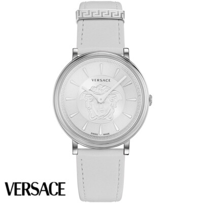 Versace VE8103621 V-Circle Lady silber weiss Leder Armband Uhr Damen NEU 