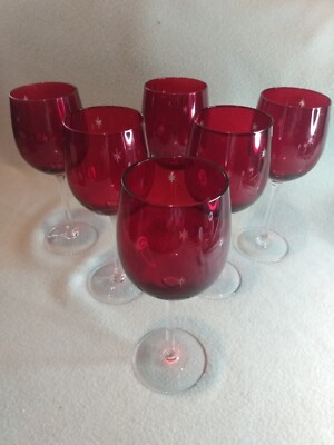 Red Wine Glasses w/Etched Stars-Clear stem - Comfort and Joy? Set of 6 - 2 Avail