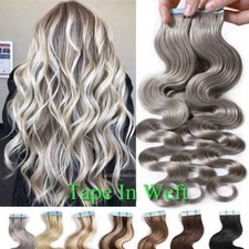 GREY 150g Tape In Remy Skin Weft Real Human Hair Extensions Wavy Full Head Long