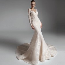 Appliques Detachable Train Mermaid Wedding Dress Beading Long Sleeve Lace