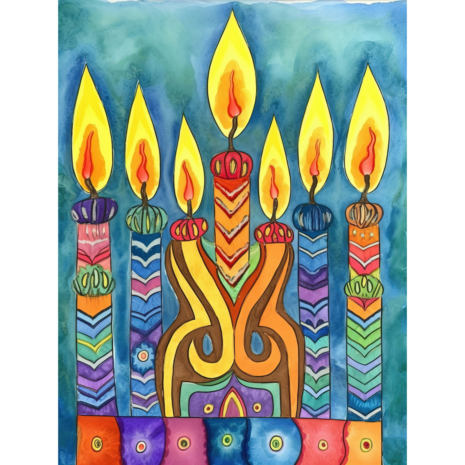 Jewish Menorah Candle Patterns Modern Folk Art Huge Wall Art Poster Print Giant