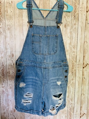 Life In Progress Distressed Ripped Denim Jean Short Overalls