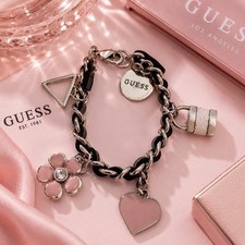 GUESS Retro Y2K Silver & Pink Charm Bracelet ...