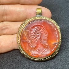 Unique Ancient Roman King Intaglio Carnelian Agate Stone Brass Coated Pendant 