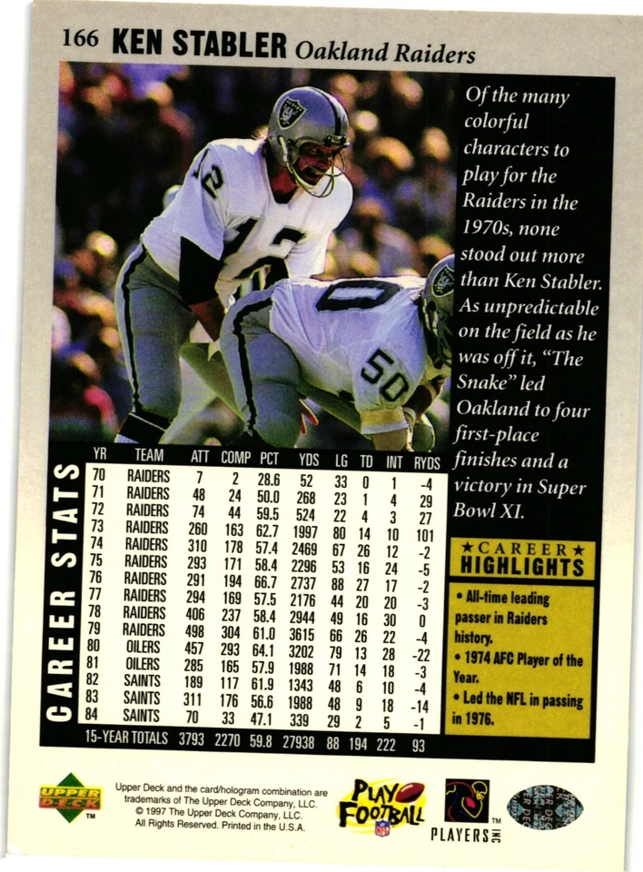 1997 Upper Deck NFL Legends - Ken Stabler #166 - Image 2 of 2