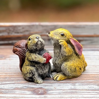Cute Woodland Squirrel & Bunny Rabbit Collectible Resin Figurines, Vintage 2 PCS