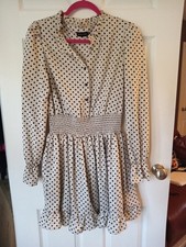Womens Size 12 Prettylittlething Dress/tunic Beige With Black Polkadots VGC