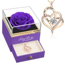Valentines Day Gift Purple Preserved Real Rose with Heart Necklace for Her