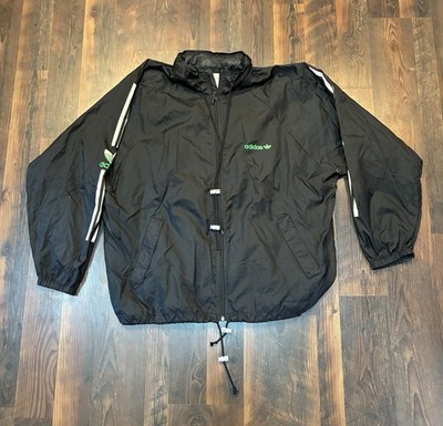 Y2K Adidas Vintage Windbreaker Large Black Green Hooded Jacket Drawstring