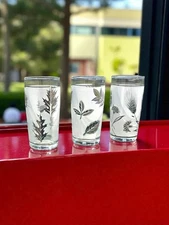 3 Vintage Libbey Silver Leaf Frosted Tumbler Juice Foliage Glasses Set MCM