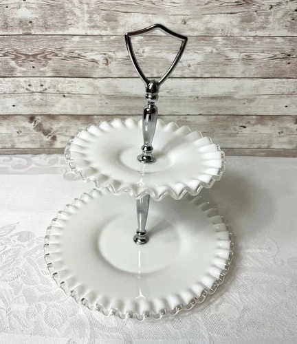 Fenton Silver Crest Two Tier Server Plates Appetizer Dessert  Milk Glass Vintage