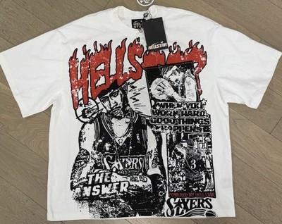 Hellstar White Graphic Tee with Red Writing and Black Details Streetwear Shirt L