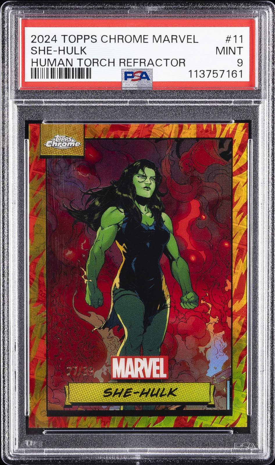 2024 TOPPS CHROME MARVEL HUMAN TORCH REFRACTOR #11 SHE-HULK 27/39 PSA 9