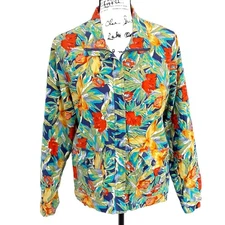 Vintage 80s Tropical Floral Full Zip Jacket 100% Linen Hawaii Womens Petite M
