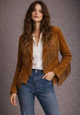 Women Suede Leather 100 Genuine, Vintage Jacket Western Style With Fringes