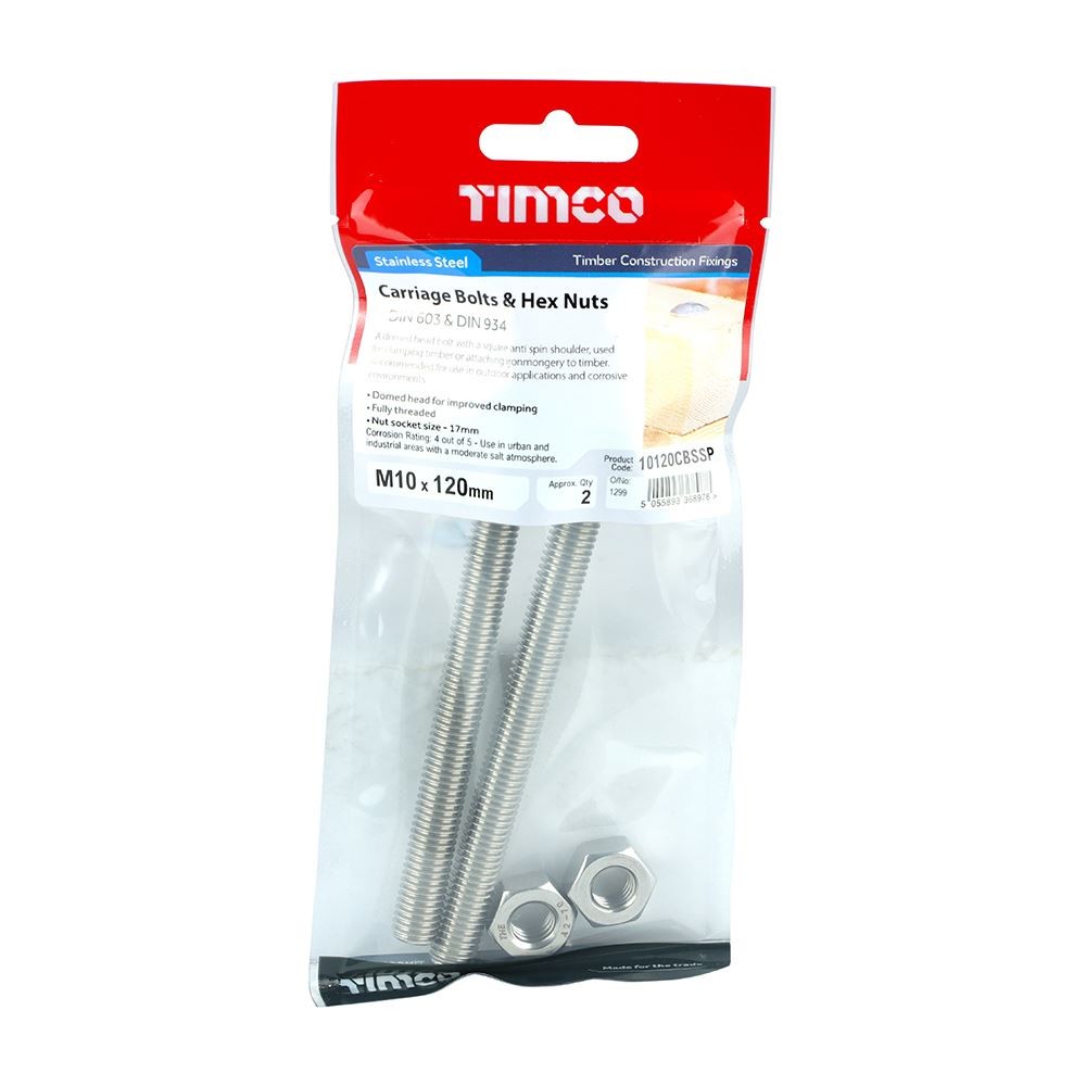 TIMCO Carriage Bolt & Hex Nut -A2 SS M10 x 120 Pack 2