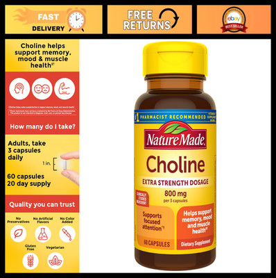Extra Strength Choline Supplements 800mg, 60 Capsules - Brain Health, Mood & Liv