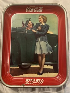 Vintage 1942 Coca Cola Advertising Serving Tin Tray Two Girls at Car Roadster