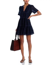 Aqua Lace Voile Short Sleeve Dress-Navy-Medium