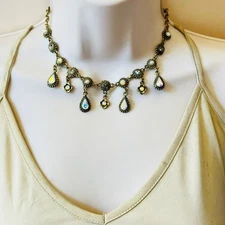 Regency style Flower Necklace VTG Jeweled pearl Rhinestone Rainbow fringe 90s