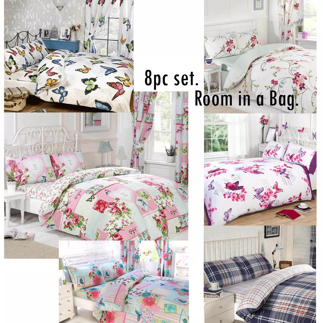 8pc Complete Bedroom in a Bag Duvet Cover Curtains Fitted Sheet