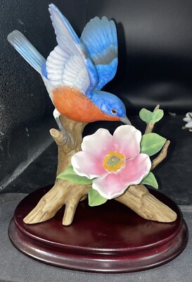 Andrea by Sadek BLUEBIRD Porcelain Bird Figurine #8473 With Base
