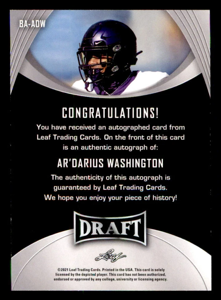 2021 Leaf Draft AUTO #BAADW Ar?Darius Washington (ref 225392) - Image 2 of 2