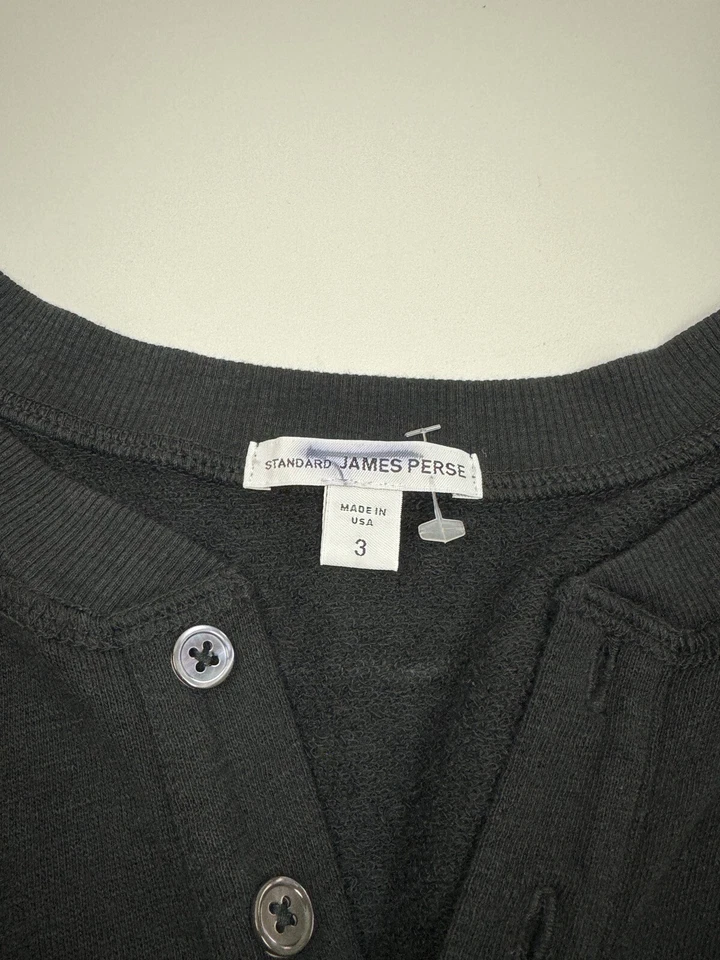  James Perse Supima Cotton Long Sleeve Henley Shirt Size 3 BLACK #360 - Image 3 of 4