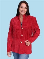 Women's Red Suede Coat Vintage Cow Lady Fringe Western Wear Leather Jacket