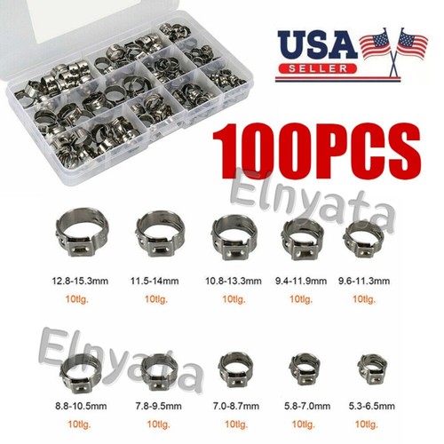 100Pcs O-Clips Single Ear Stepless Hose Pipe Clamps Stainless Steel 5.3-15.3mm - 第 1/8 張圖片