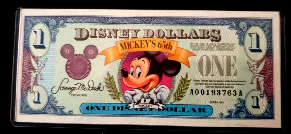 1993 $1 Disney Dollars SN # A00193763A Mickey's Mouse's 65th