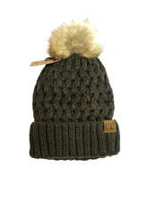 NEW C.C Thick Cable Knit Pom Pom Beanie Hat "Moss" Fleece Lined