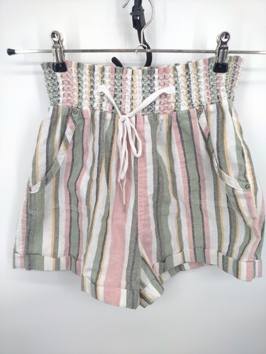 Ci Sono Linen Collection Shorts Womens XL Pink Green Paper Bag Striped Pockets - Picture 11 of 24