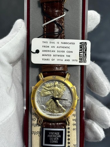 Brittania Vintage Standing Liberty Solid Silver Coin Men's Quartz Watch Gift - Picture 7 of 10