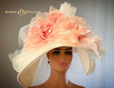 Kentucky Derby Hat White Cream Salmon Pink Giant Roses Del Mar Royal Ascot Hat