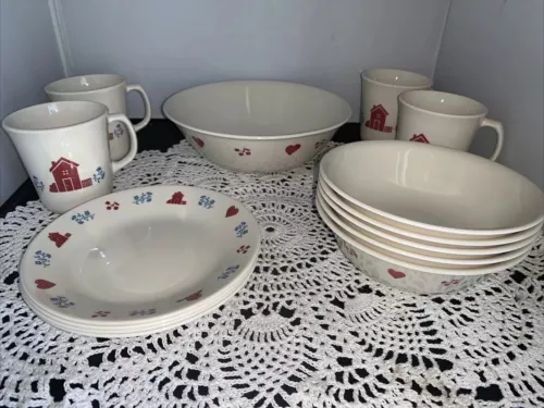 Set of 14 Pc Corelle Corning Hometown 4 Bread 5 Bowls 4 Cups Serving Bowl