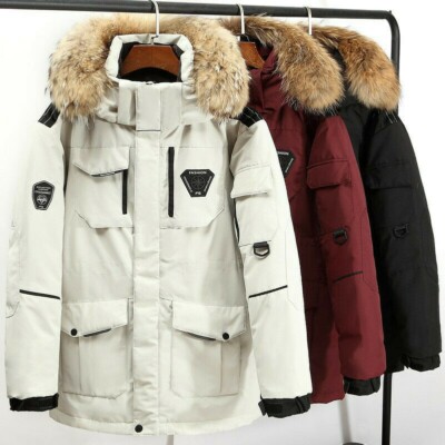 Mens Duck Down Quilted Jacket Faux Fur Hooded Padded Coat Parka Overcoat 