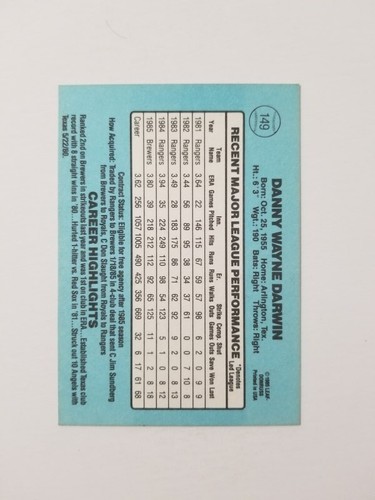 DANNY DARWIN 1986 DONRUSS BASEBALL CARD #149 MILWAUKEE BREWERS MISCUT - Picture 2 of 2