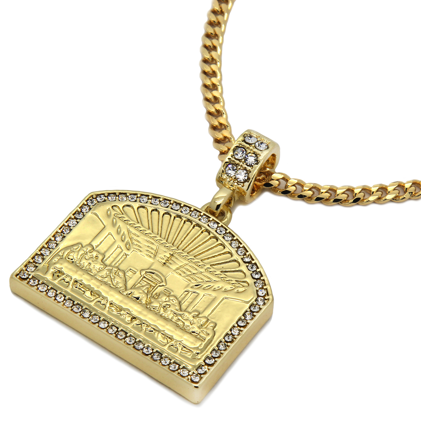 Men's 14K Gold Plated Last Supper Pendant Cubic Zirconia 30" Cuban