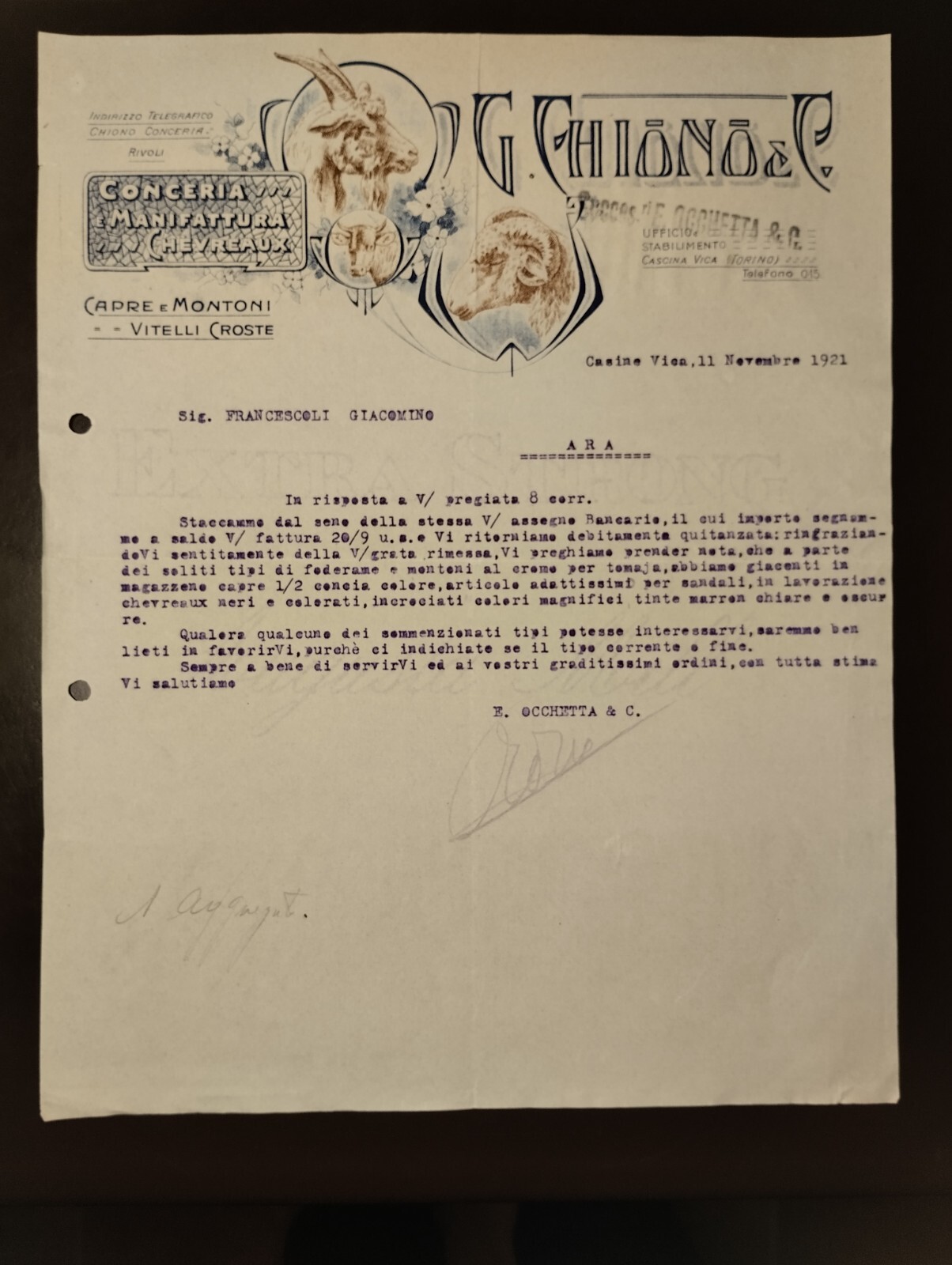 Carta Intestata Cascina Vica Torino Conceria Chevreaux CHIONO 1921 QX3662