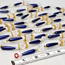 Beaded Garland VTG 9 Ft Royal Blue Pearl Crystal Gold NEW Old Stock Roman Inc.