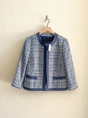 NWT ~ TALBOTS Blue Paid Chambray Trim Cotton Tweed Jacket Women’s 12