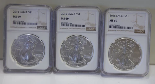 2014, 2015, 2016  US Silver Eagle $1 NGC MS69 Lot of 3