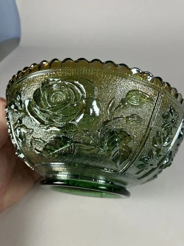 VTG Imperial Carnival Glass Rose Bowl,Gold Iridescent,Green Base